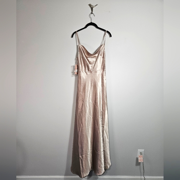 Birdy Grey Cowl Neck Rose Gold Sexy Satin Maxi Slit Bridesmaid Formal Prom Sz M - Picture 1 of 7